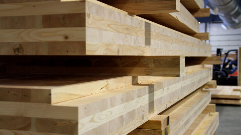 CLT panels stacked in Timberlab facility