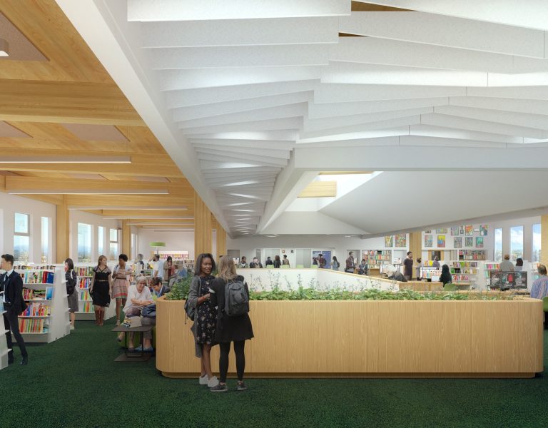Mass Timber interior for Holgate Library, a new civic mass timber structure in SE Portland.